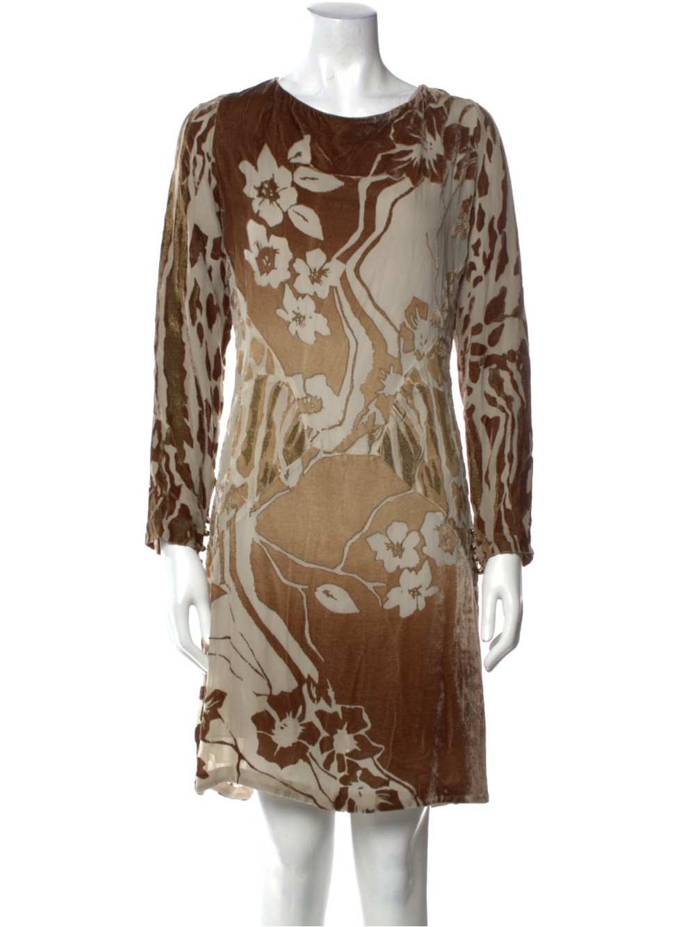 Roberto cavalli Brown Floral Velvet Burnout Long Sleeve Dress